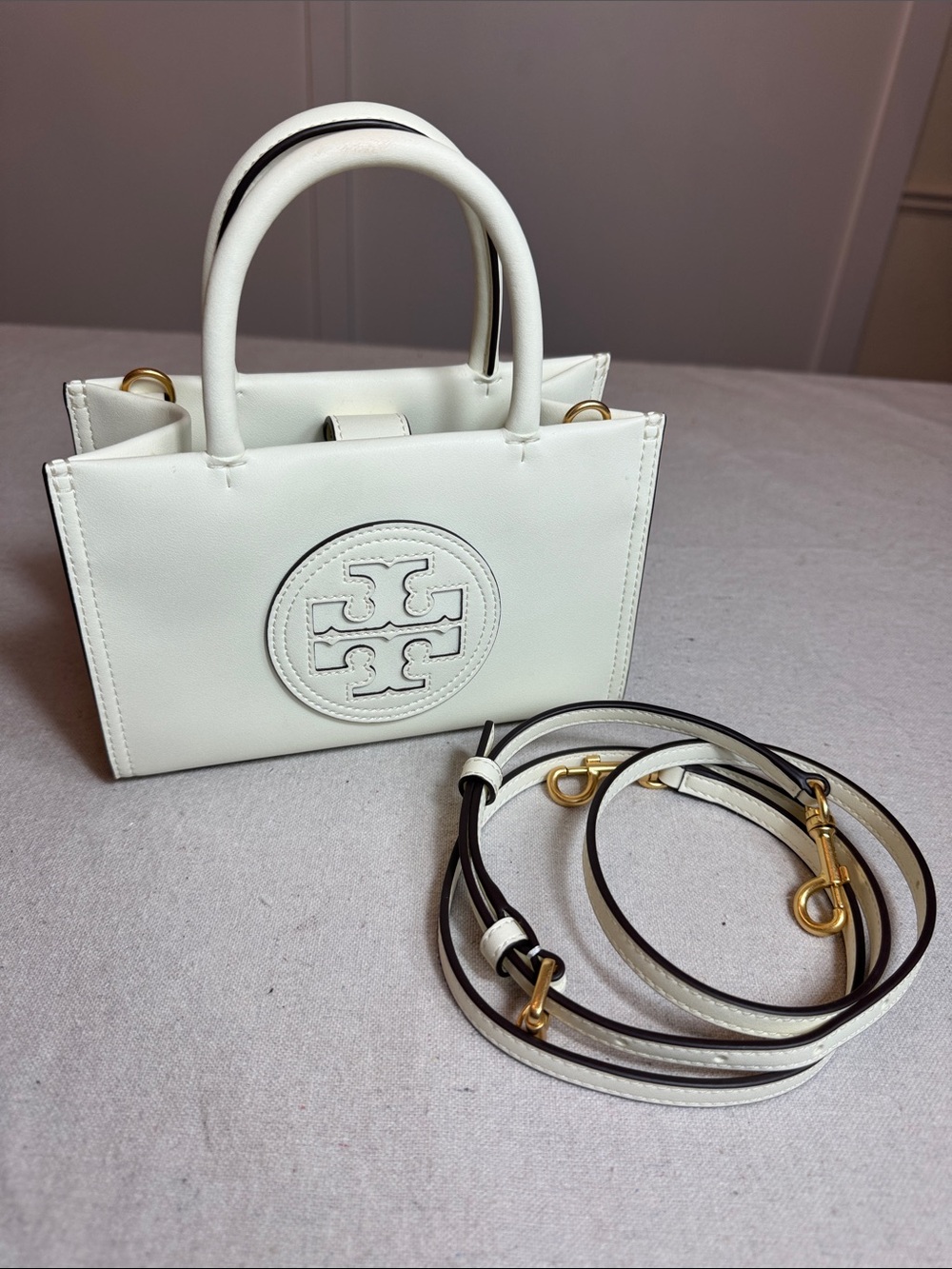 Tory Burch Ella Bio White Leather Mini Tote with Gold Hardware